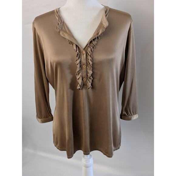 CITY UNLTD Toffee Gold Ruffle V-neck Long Sleeve Blouse SZ XL - Picture 2 of 13